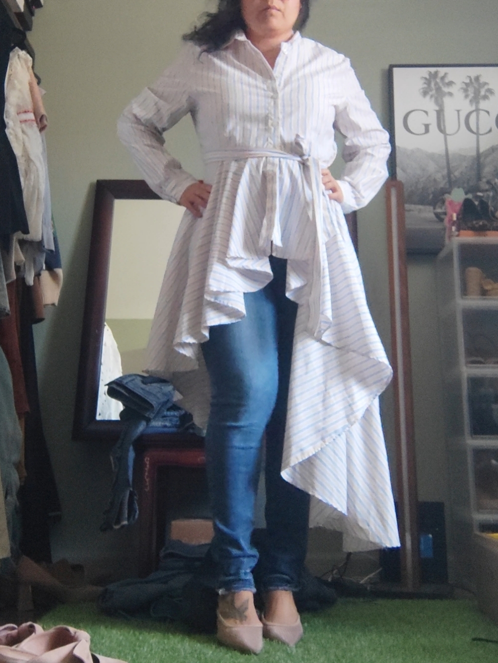 Light Blue & White Striped Ruffle Shirt Dress